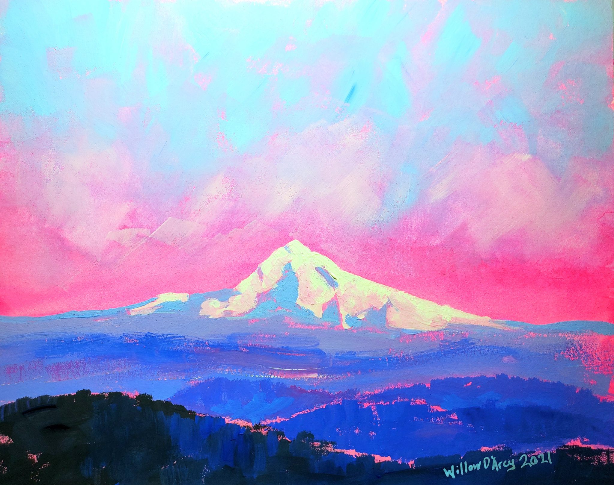 Painting of a Snowy Mt. Hood in Gouache with a Pink and Ice Blue Sky