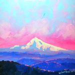 An expressive painting of Mt. Hood at sunset in hot pink and ice blue. It looksl as if the mountain is glowing.