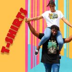 An image of a woman on a man's shoulders, they are both wearing graphic tshirts, the background is colorful, and the word "T-Shirts" is on the left in red 3d text