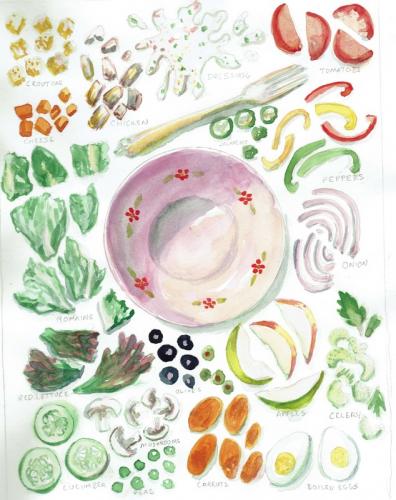 A salad deconstructed. The salad ingredients are around the outside of the salad bow. Watercolor illustration. 