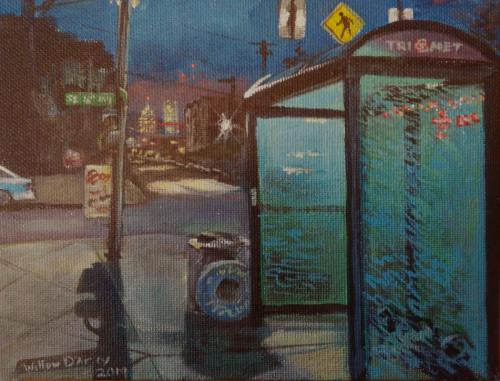 Predawn Bus Stop, 8x10, Acrylic on Canvas, © Willow D'Arcy, 2019