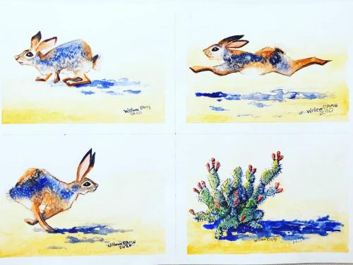 Running Rabbits - Watercolor on Paper - 4 tiny paintings approx 4x5 each. © Willow D'Arcy 2020