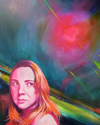 Neon Pink Portrait Acrylic Painting with Abstract Background