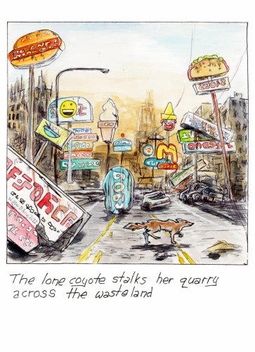 A lone coyote in an apocalyptic scene crossing a road with a lot of signs, many which have fallen down, all of them illegible to represent how a coyote would see them. 