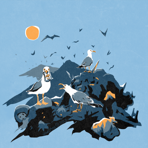 A trash heap with seagulls and a sun - digital illustration. 
