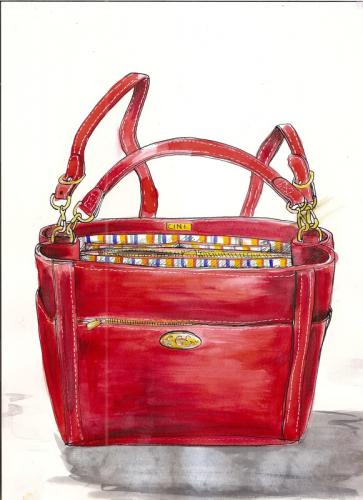 A leather purse design - red leather with striped interior. Watercolor. 