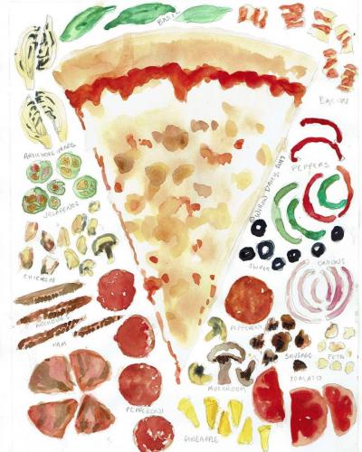 Watercolor illustration of pizza with separate toppings around it. 