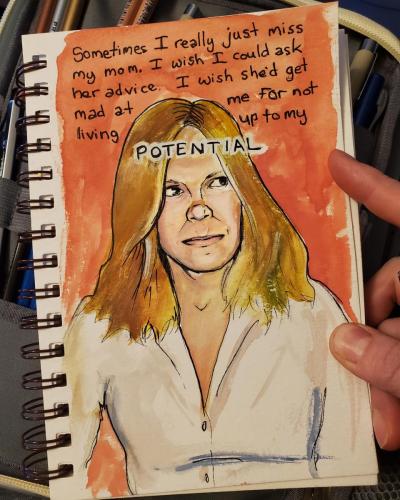A comic gouache painting of a red haired woman. The word "Potential" is written over her forehead.