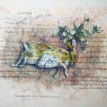 A painting of a dead rabbit with a poem overlaid on top