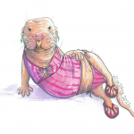 A painting of a naked mole rat posing like "one of your French girls" in a pink tankini style bikini and flip flops.