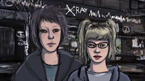 Two teenage girls in front of the X Ray in portland in the 90s